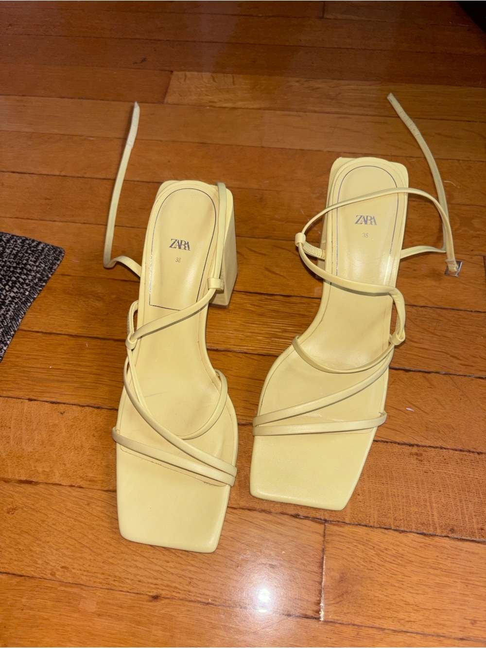 ZARA Lemon Yellow Strappy Square-Toe Block Heels